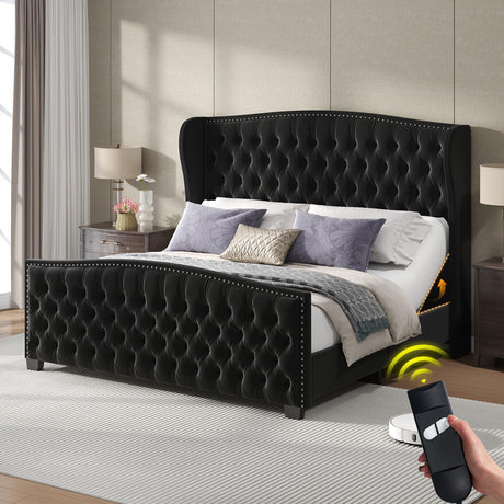 LUXOAK Adjustable King Bed Frame with Tufted Headboard and Wingback, Smart Adjustable Bed Base with Dual Motor & Remote Control, Velvet Upholstered Electric Bed Head Incline/No Box Spring Needed/Black LUXOAK