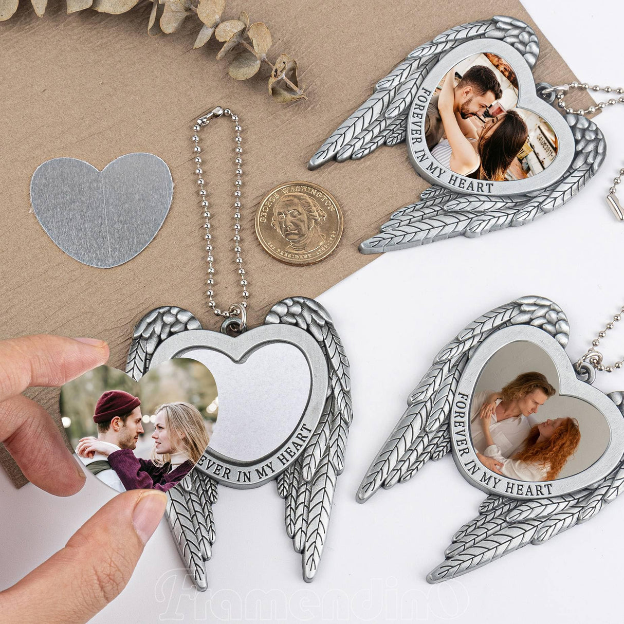 Framendino, 4 Pack Silver Angel Wing Pendant Love Heart Personalized Car Hanging Ornament with Sublimation Blank Heat Transfer Photo for Home Window Framendino