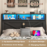 Incyneva Farmhouse Full Bed Frame with Bookcase Storage Headboard, Charging Station, LED Light and 2 Storage Drawers, Noise Free, No Box Spring Needed, Black Incyneva