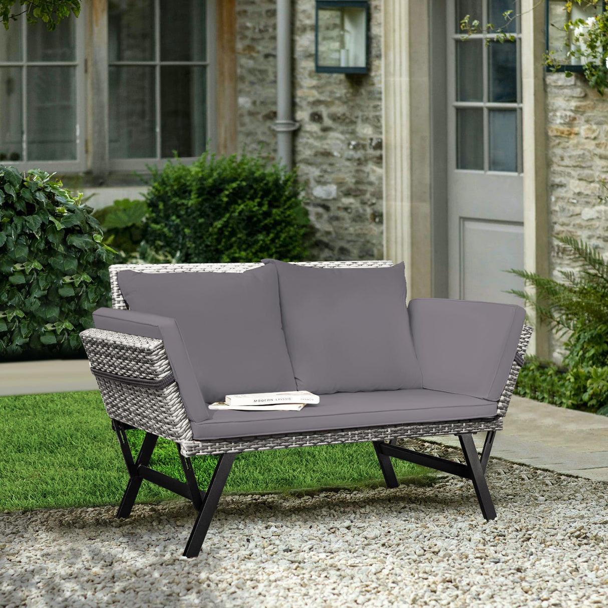Greesum Outdoor Sofa, Woven Rattan Patio Furniture, Convertible Daybed or Double Chair with Adjustable Armrests, Cushions and Pillows for Yard, Porch, Pool, Gray Lounger & Blue Pillowcase Greesum