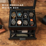 CASE ELEGANCE 8 Slot Watch Box Case Organizer for Men, Cherry Wood Walnut Finish, Watch Display Case, Modular Valet Tray, Apple Watch Compatible with Apple Watch Stand, Accessory Drawer, Pillow Stands CASE ELEGANCE