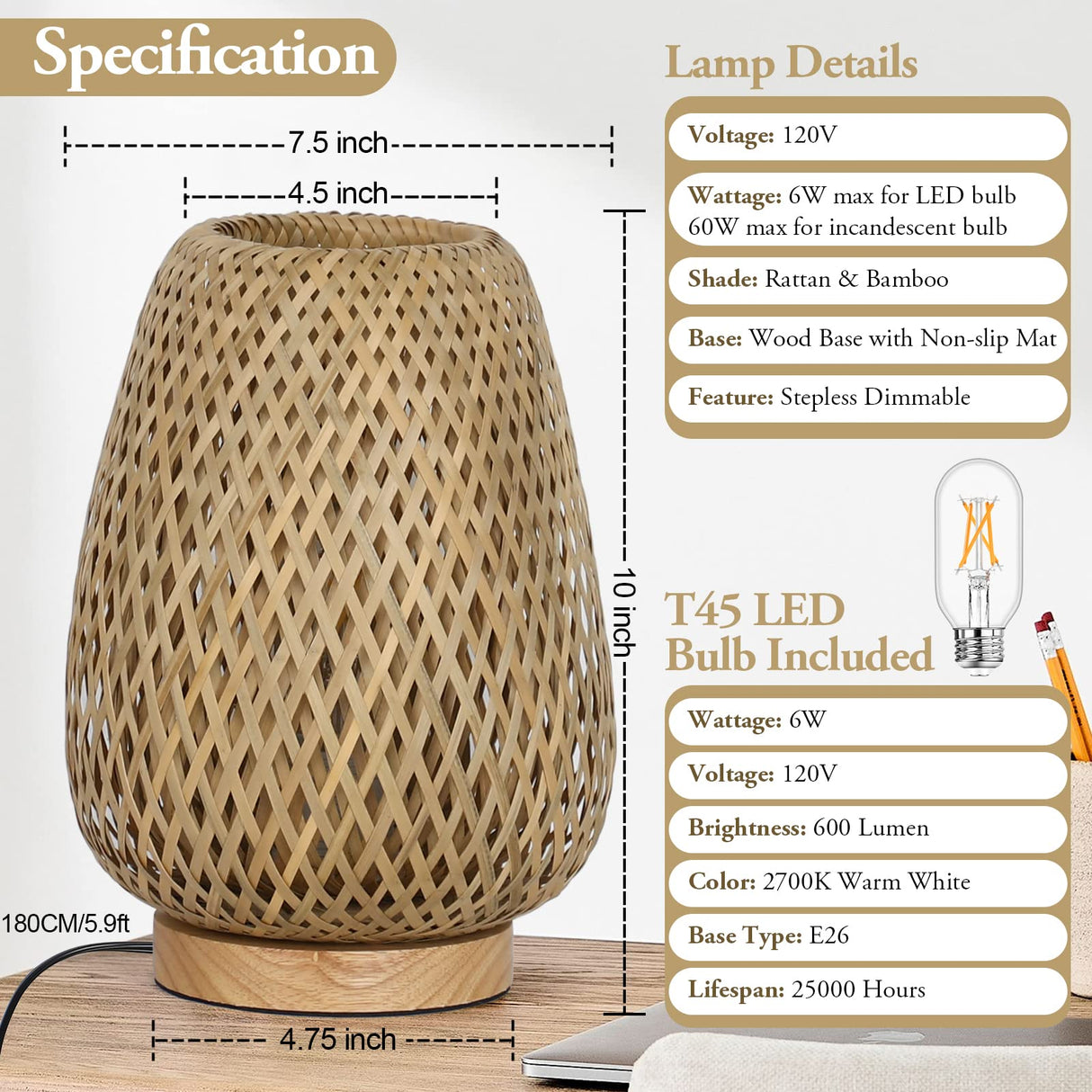 Rattan Table Lamp, Stepless Dimmable Small Beside Lamp, Vintage Wicker Wooden Nightstand Lamp, Boho Bamboo Woven End Table Lamp for Bedroom Living Room Desk Kids Room, 2700K T45 LED Bulb Included Brightever