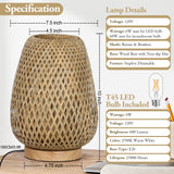 Rattan Table Lamp, Stepless Dimmable Small Beside Lamp, Vintage Wicker Wooden Nightstand Lamp, Boho Bamboo Woven End Table Lamp for Bedroom Living Room Desk Kids Room, 2700K T45 LED Bulb Included Brightever