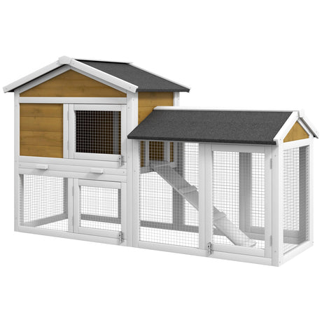 PawHut 58" Rabbit Hutch, Wooden Bunny Hutch, Guinea Pig Cage, Small Animal Enclosure with Run Area, Removable Tray, Asphalt Roof, Lockable Doors and Ramp, Nature Wood PawHut