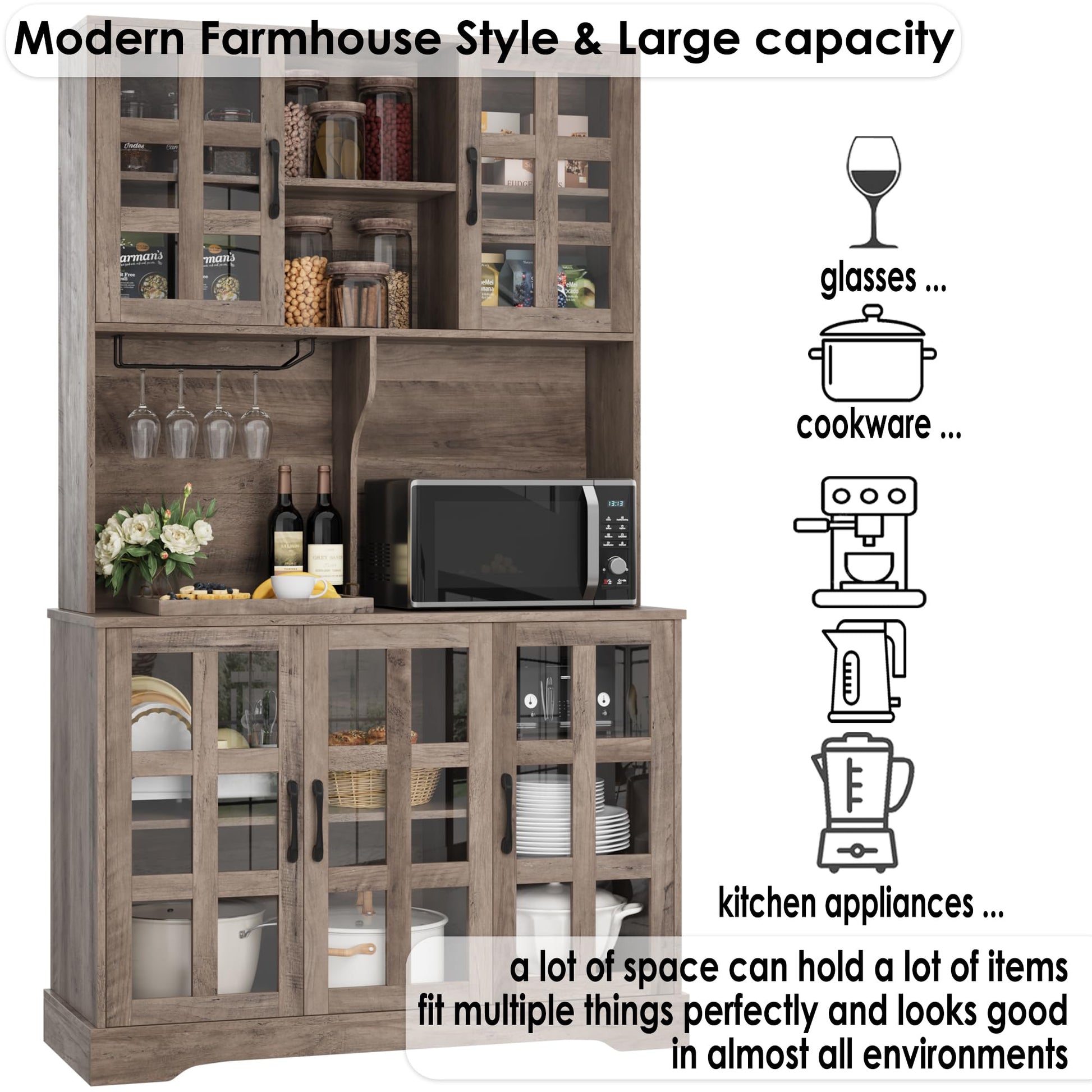 Keyluv Kitchen Pantry Storage Cabinet 71" Tall Freestanding Pantry Cabinet, Farmhouse Glass Door Buffet with Oven Countertop, Large Wood Hutch for Kitchen, Living Room and Dining Room, Rustic - WoodArtSupply