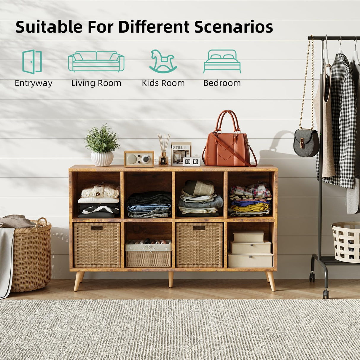 8-Cube Bookshelf 2 Tier Retro Bookcase with Legs, 11in Shelf Opening, 47" Wood Bookshelves Storage Organizer Shelf, Freestanding Open Book Shelves for Bedroom Living Room Office, Rustic Brown Flrrtenv