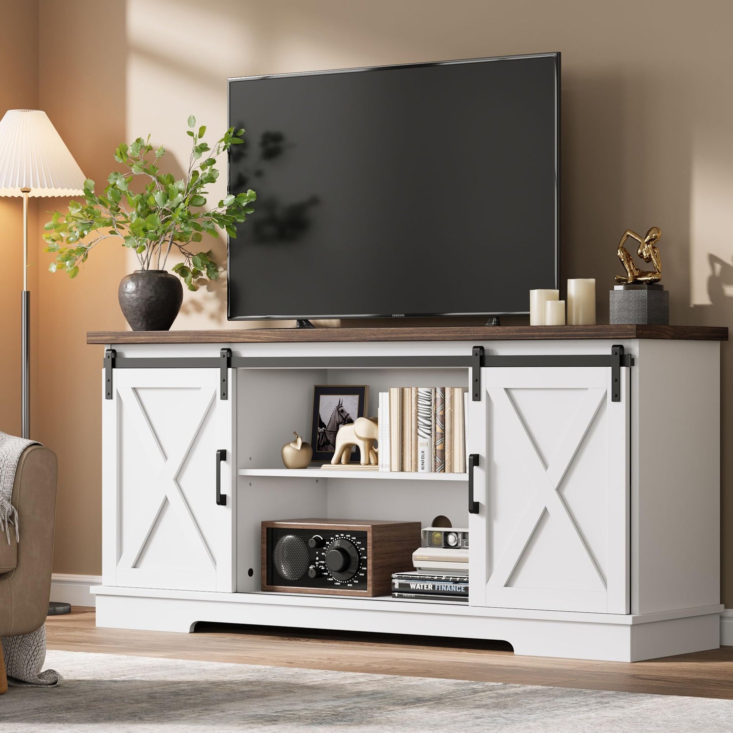 CABIHOME Farmhouse Tv Stand for 65 Inches TVs, Entertainment Center with Storage and Sliding Barn Doors, Adjustable Shelf Modern Media TV Console TV Stand Table for Living Room, Bedroom, White