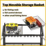 SOYEEZE Large Size Fishing Rod Holders for Garage, Heavy Duty 3-Tier Fishing Pole Rack Holds Up to 12 Rods, Fishing Gear Organizer with 2 Metal Baskets, Fishing Storage Cart with Lockable Wheels SOYEEZE