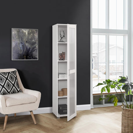 Kings Brand Furniture Romero Tall Curio Storage Cabinet - Tall Bookshelf Perfect for Living Room, Kitchen, Bedroom & Office - Storage Cabinet with 5 Storage Shelving & 1 Glass Door Display - White Kings Brand Furniture