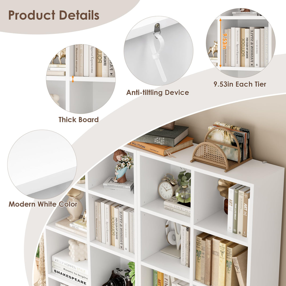 FOTOSOK 71'' Tall Bookshelf, Double Wide Media Tower Rack CD DVD Rack Display Cabinet with Adjustable Shelves, Tall Narrow Bookcase White Bookshelf Cube Shelf for Home Office, White FOTOSOK