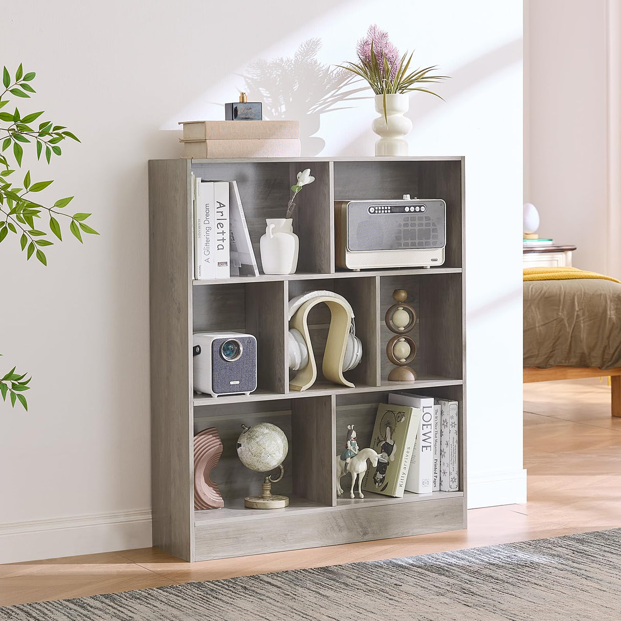 LEYAOYAO 7 Cube Bookshelf with Base,3 Tier Mid-Century Modern Grey Bookcase,Standing Wide Bookshelves Storage Organizer Shelf,Rustic Wood Display Cabinet Book Shelves for Bedroom,Living Room,Office LEYAOYAO