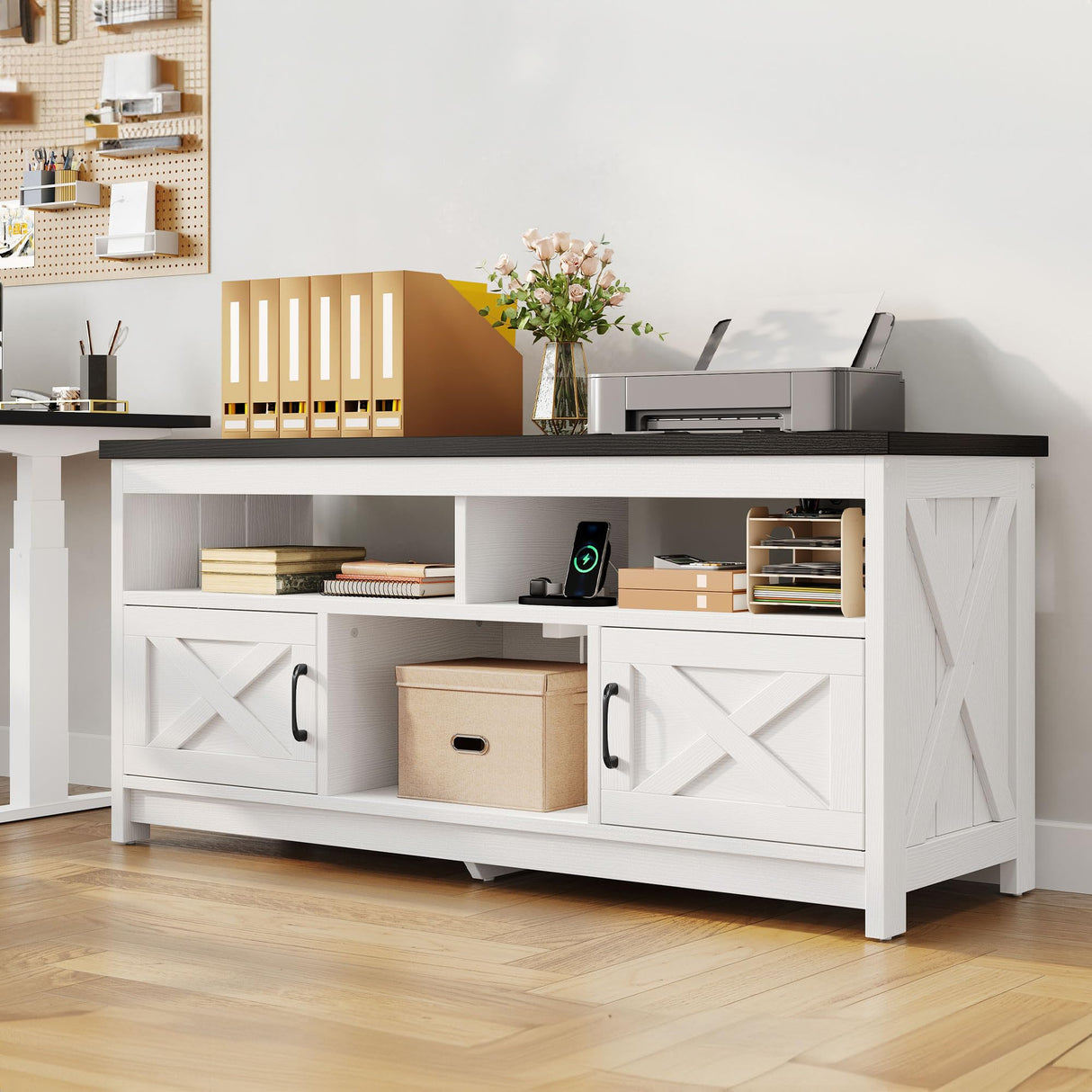 DWVO Farmhouse TV Stand for Television up to 65 Inch, Entertainment Center with Power Outlets and Open Shelf, Rustic TV Cabinet Media Console Table for Living Room, White/Black, 59 Inches DWVO