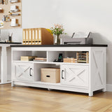 DWVO Farmhouse TV Stand for Television up to 65 Inch, Entertainment Center with Power Outlets and Open Shelf, Rustic TV Cabinet Media Console Table for Living Room, White/Black, 59 Inches DWVO