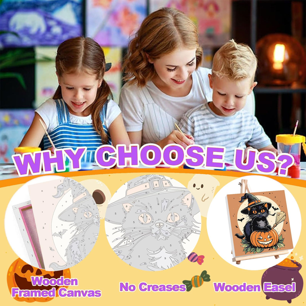 4 Pack Halloween Paint by Number for Kids with Wooden Frame, Paint by Numbers for Kids Black Cat Ages 4-8-12, Easy Pumpkin DIY Acrylic Oil Painting Kits for Home Wall Decor (8X8 inch) xackcme