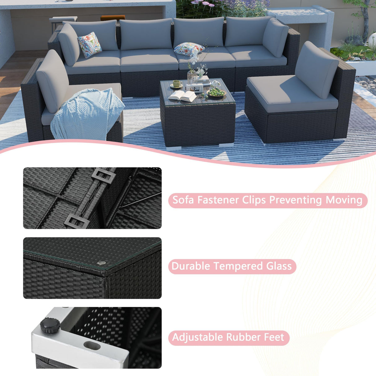 ZJEYEJZ 7-Piece Patio Furniture Set - Outdoor Sectional Sofa Set with Cushions and Glass-Top Coffee Table for Gardens, Poolside, Backyards and Porches, Black/Grey ZJEYEJZ
