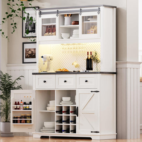 Amposei Farmhouse Kitchen Pantry Storage Cabinet 71-Inch Tall Hutch Cabinet with Microwave Stand, 3 Drawers, Power Outlet, Pegboard, Wine Racks, LED Light Rustic Coffee Bar Station, White Oak Amposei