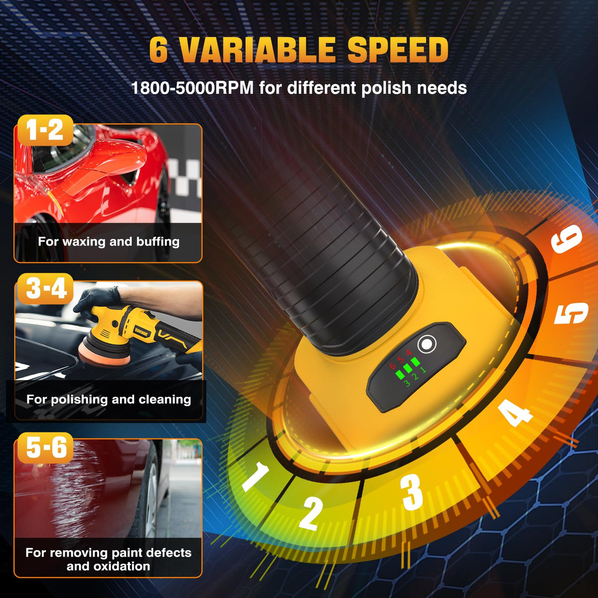 VERVEWAVE Cordless Buffer Polisher Kit for Dewalt 20V Battery (No Battery), 6-Inch Orbital Car Polisher Variable Speed 1800—5500 RPM, 17PCS Polishing Accessories, for Car Polishing/Waxing (Tool Only) VERVEWAVE