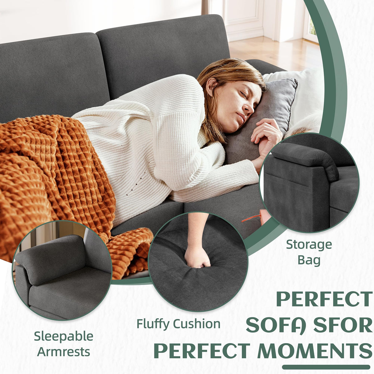 Vongrasig Convertible Sectional Couch, 3 Seat L Shaped Couch Sofa with Removable pillows Linen Fabric Small Couch Mid Century for Living Room, Apartment and Office BK Vongrasig