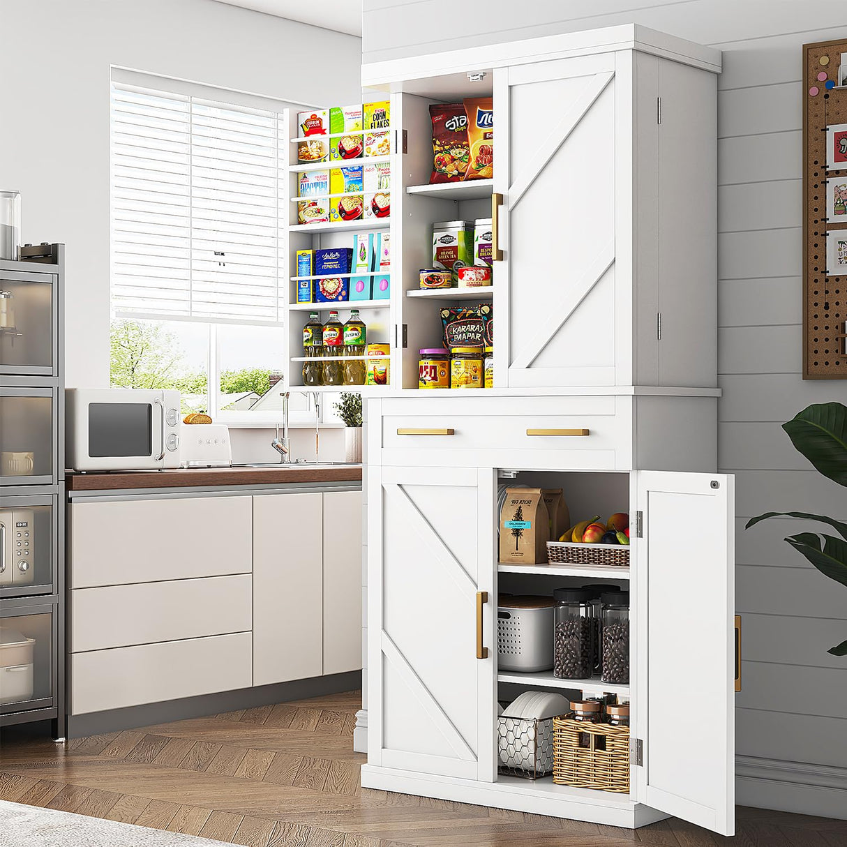 Tall Kitchen Pantry Cabinet with 8 Hanging Shelves, 71” Storage Cabinet with 2 Cabinets, a Large Drawer & Adjustable Shelves, Freestanding Pantry Cabinet for Kitchen, Dining Room, Living Room, White knoworld