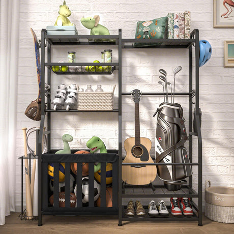 Faesun Garage Sports Equipment Organizer, Golf Bag Storage Rack, Heavy Duty Ball Holder with Basket & Hooks, Indoor/Outdoor Basketball Storage Bins for Toy Sports Gear Storage Faesun