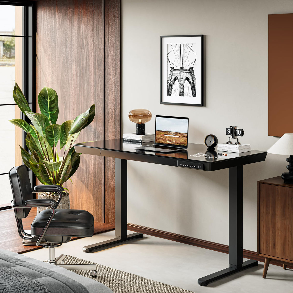 CubiCubi 48 × 24 Electric Standing Desk with Drawers, Whole-Piece Glass Adjustable Height Desk, One-Piece Quick Install Adjustable Sit Stand Desk, Black CubiCubi