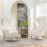 KINWELL 30" W Velvet Tufted High Wingback Chairs Set of 2, Mid Century Modern Accent Armchairs with Gold Metal Legs & Toss Pillow for Living Room Dining Bedroom Apartment, Cream KINWELL