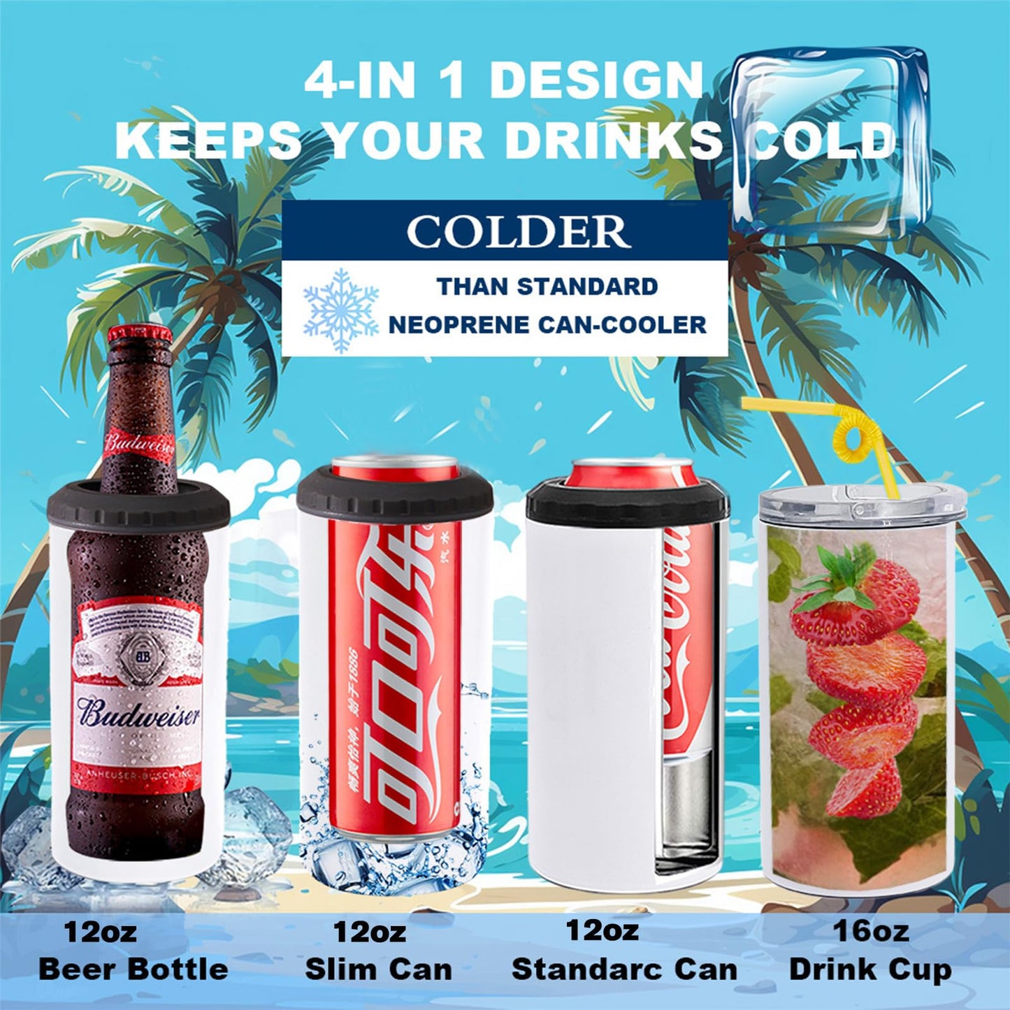 ZREGGUR 16 oz 12pack 4-in-1 Can Cooler Slim Sublimation Tumbler blank, Double Stainless Steel Vacuum Insulated for Hot and Cold Beverages, Standard Can, Beer Bottle and Insulated Mugs