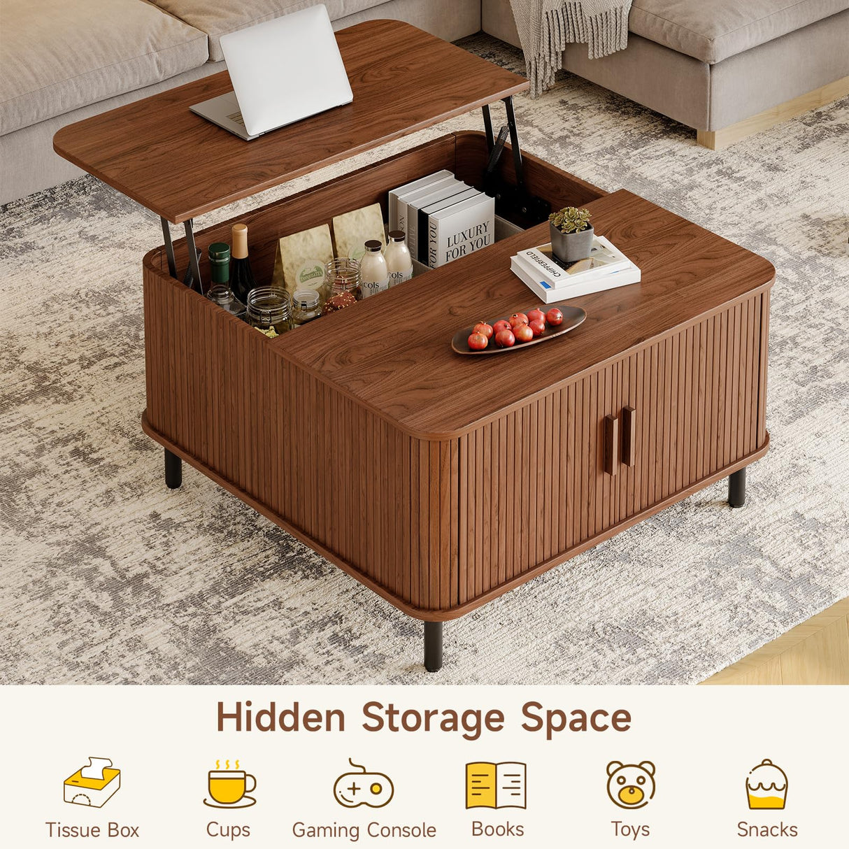 ONBRILL Lift Top Coffee Table with Large Hidden Compartment, Wood Square Coffee Table with Adjustable Footpads, Mid-Century Modern Lift Tabletop Dining Table for Living Room, Home Office, Walnut ONBRILL