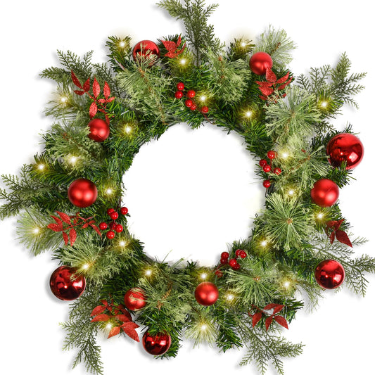 Christmas Wreath for Front Door Wreath, 22 Inch Christmas Door Wreath with Red Balls and Berries for Outdoor Front Door, Wall and Window Decor