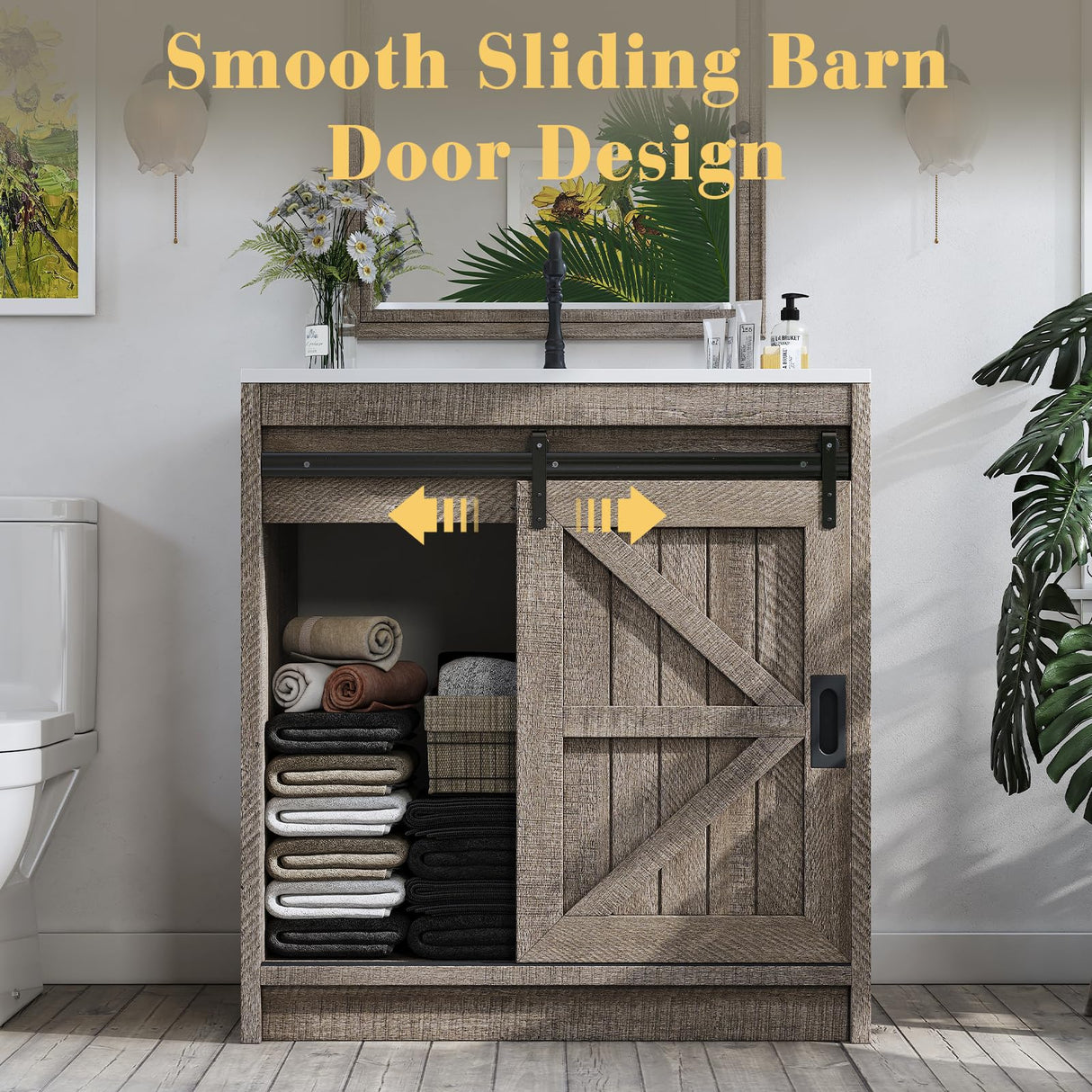 LUXOAK 31" Farmhouse Sliding Barn Door Bathroom Vanity with Sink Combo, Bathroom Vanity Cabinet with Drawers & Metal Handles, Freestanding, Gray LUXOAK