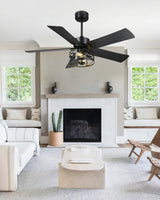 YOUKAIN Ceiling Fans With Lights, 48 Inch Farmhouse Ceiling Fans with Lights and Remote, 5-Reversible Blades with Matte Black/Wooden Finish, 48-YJ632-BKW YOUKAIN