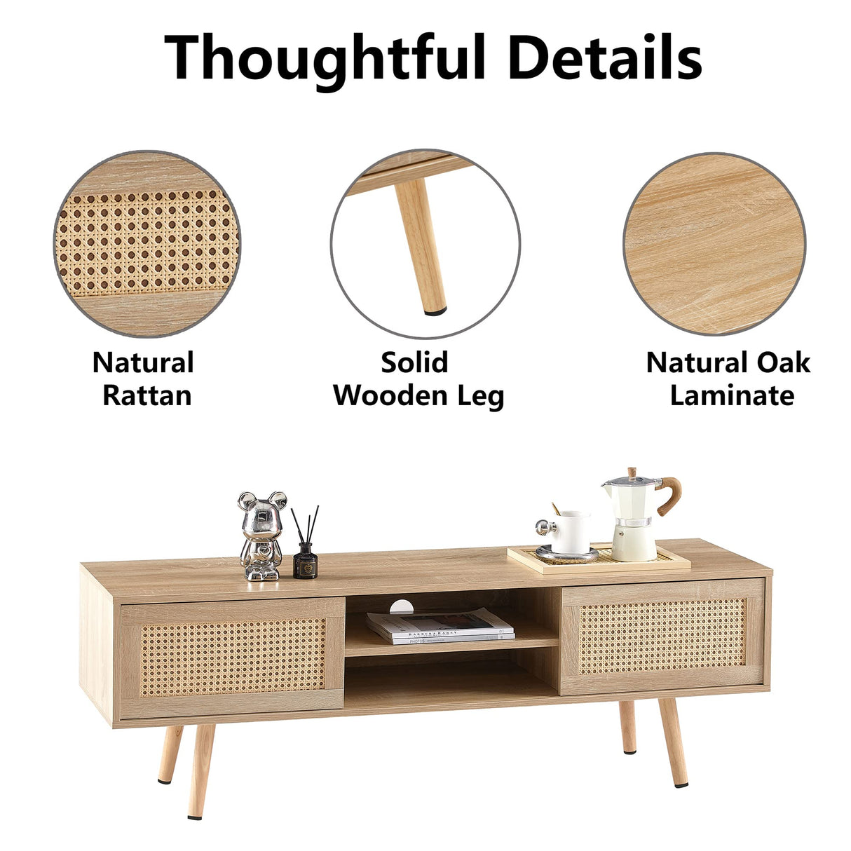 GSSDEE Boho TV Stand for 65+ Inch TV, Farmhouse Wood Television Stand with Natural Rattan Sliding Doors, Media Console Center Natural Style (Natural Oak, TV Stand 55.12" L x 15.75" W x 18.31" H) GSSDEE