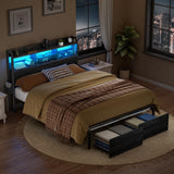 Furnulem Queen Bed Frame with Wood Headboard, Storage Drawers, LED Lights and Charging Station - Black Furnulem