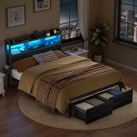 Furnulem Full Size Bed Frame with Wood Headboard, Metal Platform Bed Frame Full Size with Storage Drawers and Shelf, LED Lights and Charging Station, No Box Spring Needed, Noise Free, Black Furnulem