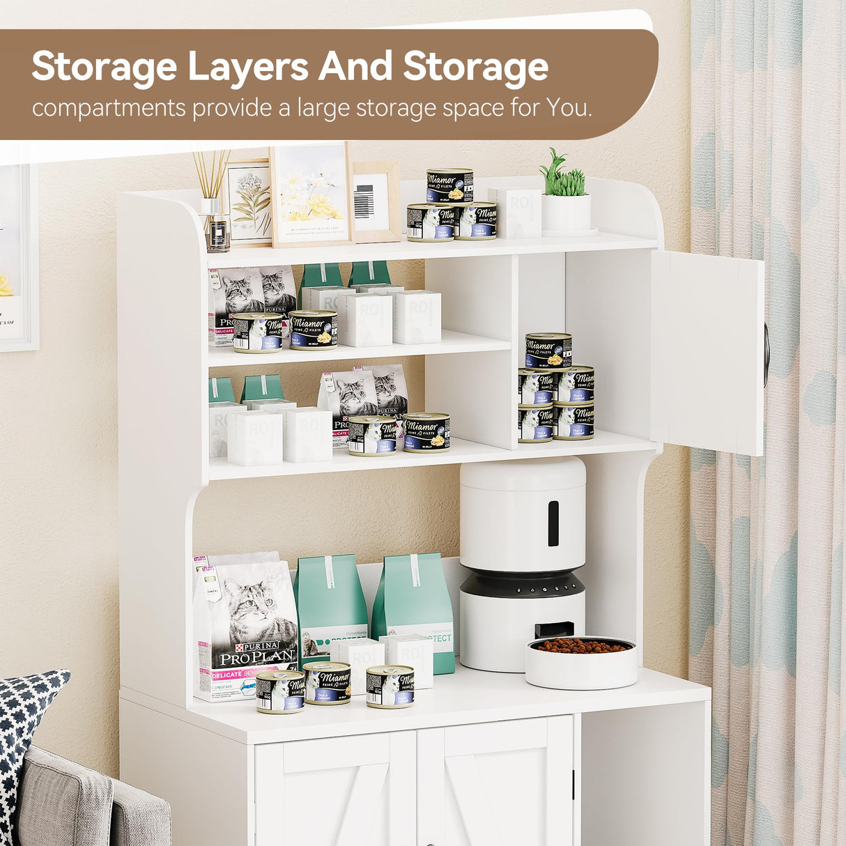 GarveeLife Cat Litter Box Enclosure with Shelves,Cat Litter Box Cabinet,Hidden Cat Box Furniture with Scratching Mat,Wood Sturdy Cat Washroom Storage, Indoor Cat House,White Garveelife