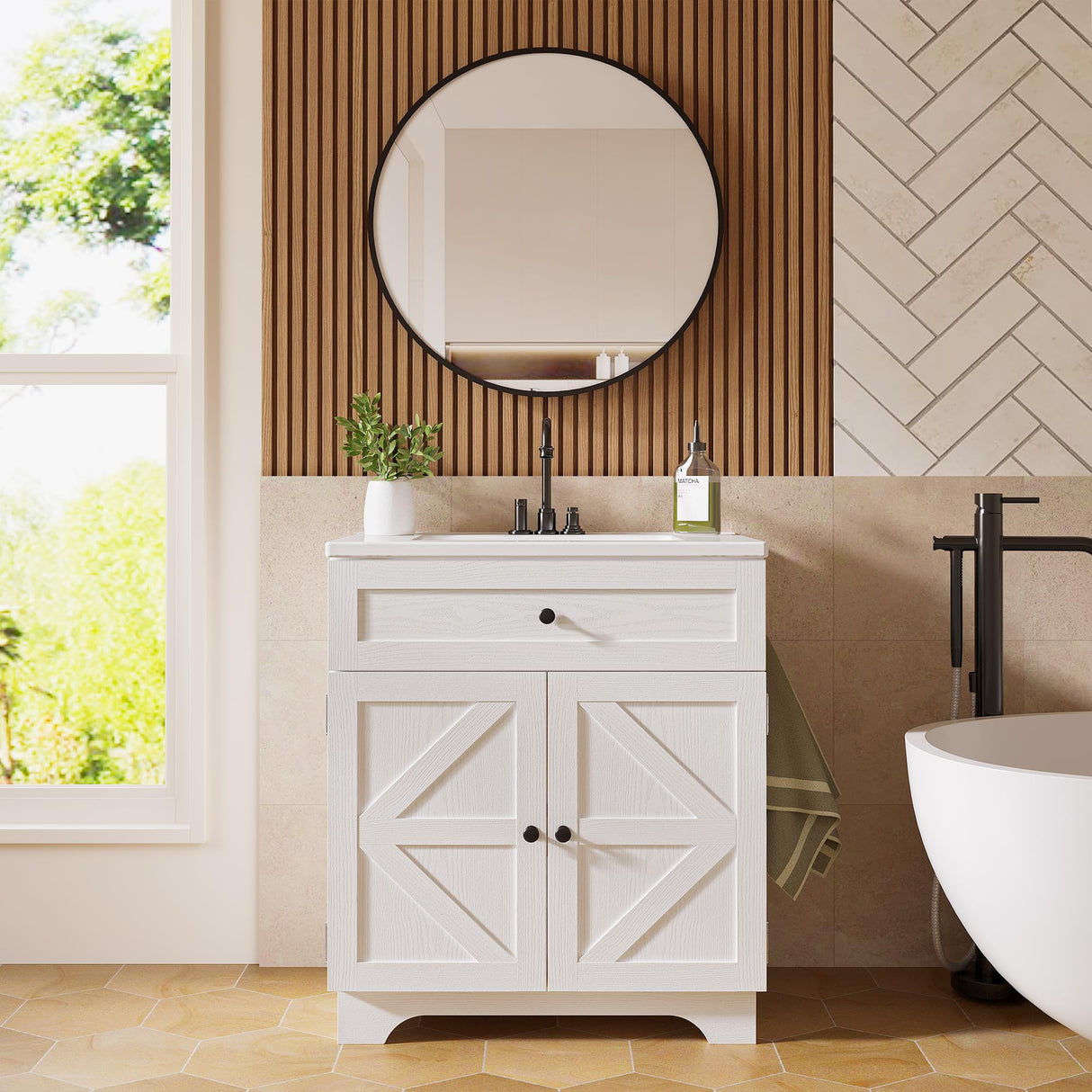 30 Inch Bathroom Vanity with Sink - Farmhouse Single Sink Cabinet, Adjustable Shelves & Ceramic Basin, Bathroom Sink Cabinet for Guest Baths Master Suites or Rental Units (White) ModernMate