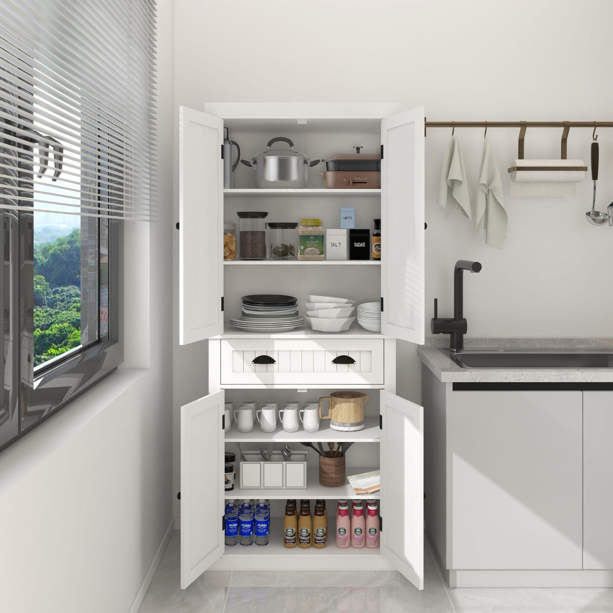 Elegant White Freestanding Kitchen Pantry Cabinet with Adjustable Shelves and Drawer GOAWGO