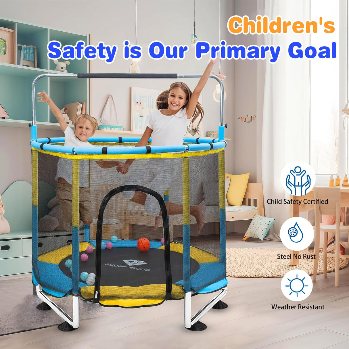 Trampoline for Kids, 5FT Adjustable for Toddler, Indoor/Outdoor Baby Trampoline with Enclosure Net, No-Gap Safe Design, Gifts for Boys & Girls (Yellow&Blue) PY SUPER MODE