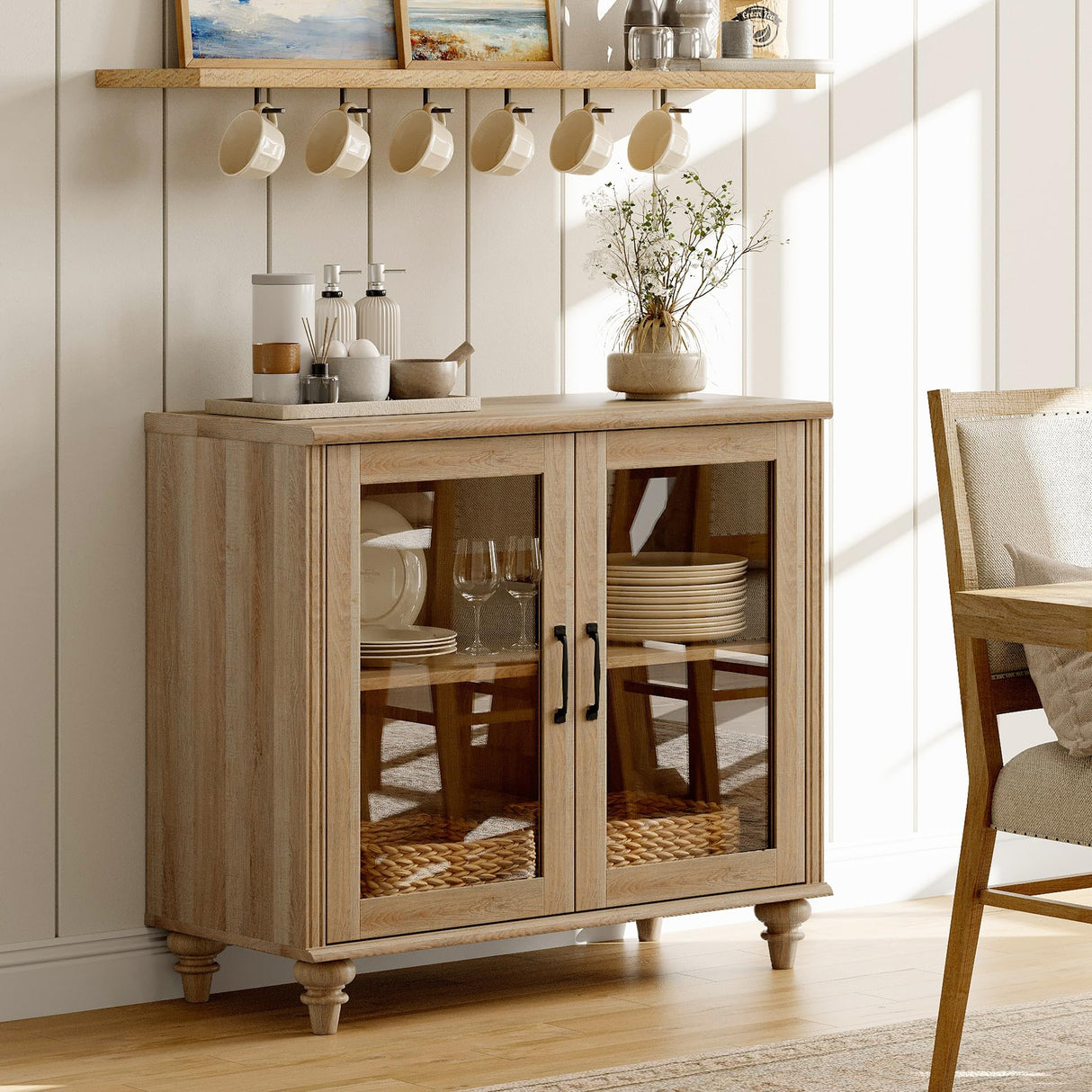 WAMAPT Sideboard Buffet Cabinets with Glass Door, Kitchen Storage Cabinets, Wood Coffee Bar Tables with Adjustable Shelf, Accent Sideboard Storage Cabinet Table Dining Room, Living Room,Oak 34 inch WAMPAT