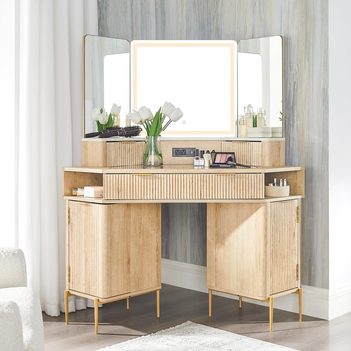 T4TREAM 48'' Fluted Makeup Vanity Desk with HD Triple Mirror and Lights, Large Lighted Corner Vanity with Glass Top, Modern Dressing Table with 3 Drawers & 2 Cabinets for Bedroom, Natural Oak T4TREAM
