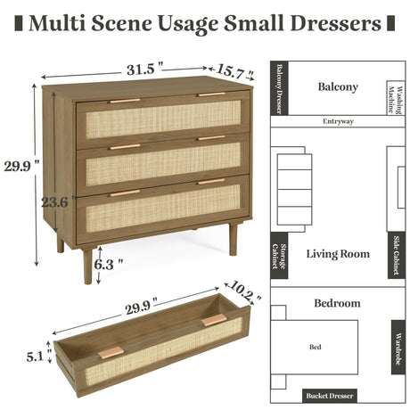 HOPUBUY 3 Drawer Dresser for Bedroom, Rattan Dresser Modern Closet Dressers Chest of Drawers, Wood Brown 3 Drawer Storage Chest for Kids Bedroom, Hallway, Living Room HOPUBUY