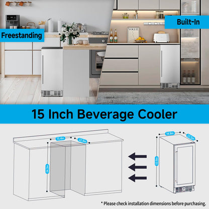 Feelfunn 15 Inch Undercounter Beverage Refrigerator - 126 Cans Beverage Fridge with Stainless Steel Door for Beer Wine Soda - Built-in or Freestanding Wine Cooler for Home Kitchen Bar Outdoor