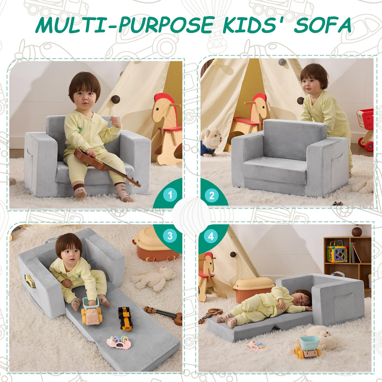 Kids Couch, 2-in-1 Toddler Chair Comfy 1-3 Years Old, Convertible Kids Chair, Toddler Couch That Fold Out, Kid Lounge Chairs for Boys and Girls, Soft Coral Fleece, Grey Zorvoxz