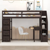 CITYLIGHT Espresso Twin Size Loft Bed with Desk, Storage Staircase, and Drawers CITYLIGHT