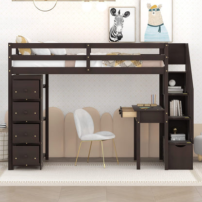 CITYLIGHT Espresso Twin Size Loft Bed with Desk, Storage Staircase, and Drawers - WoodArtSupply