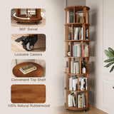 IUNVR 6 Tier Bookshelf Tower, 360° Solid Wood Spinning Bookcase with Swivel Wheels, Floor Standing Book Shelf for Small Space, Bookshelf for Home Office Study Room Bedroom Living Room IUNVR