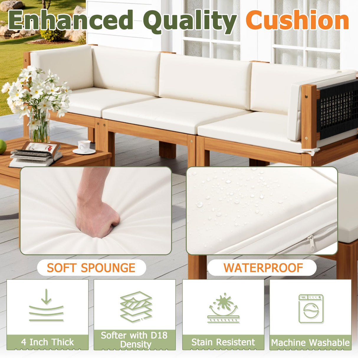 Devoko 7 Piece Acacia Wood Patio Sofa, Outdoor Sectional Coach and Love Seat with Coffee Table, Acacia Wood Patio Furniture Set for Balcony,Porch,Garden Devoko