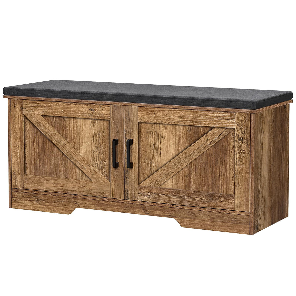 HOMSHO 2-Tier Storage Bench, Shoe Bench with Padded Seat Cushion, Entryway Bench with 2 Barn Doors, Adjustable Shelf, 13.8" D x 39.4" W x 17.7" H, for Entryway, Living Room, Bedroom, Rustic Walnut HOMSHO