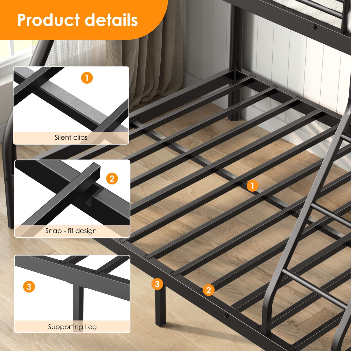 SDHYL Bunk Beds Twin Over Full Size, Heavy Duty Metal Bunk Bed Frame with Ladder & Guardrail, for Teens Adults, Space-Saving & No Box Spring Needed, Black SDHYL