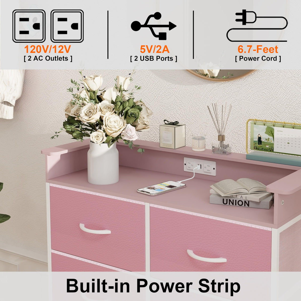 Welfuturer Pink Dresser for Bedroom with Charing Station Dressers with LED Lights Tall Dresser with 8 Drawers Storage Tower for Closet Living Room Hallway Entryway Sturdy Steel Frame Wood Top Welfuturer